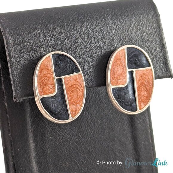 Chico's Oval Brown Black Swirl Checkered Enamel Pierced Silver Tone Earrings - Picture 2 of 10